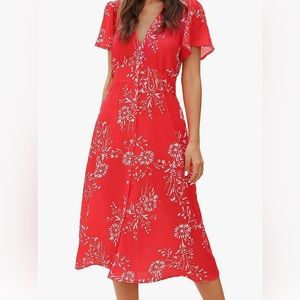 Women's Floral Button Up Split Bell Sleeve Casual Midi Dress with Pockets